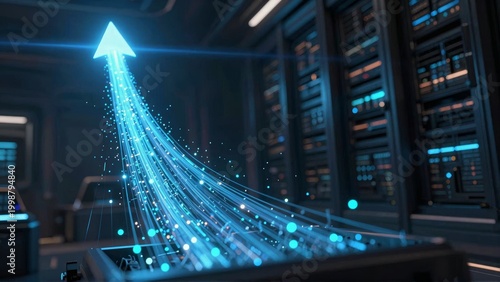 Digital Blue Arrow Rising in Futuristic Data Center Server Room