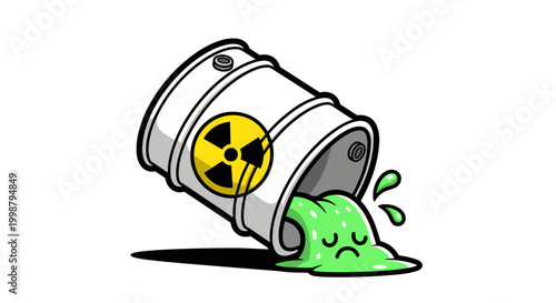 Spilled radioactive toxic waste barrel with sad green liquid leaking out symbolizing environmental hazard and pollution
