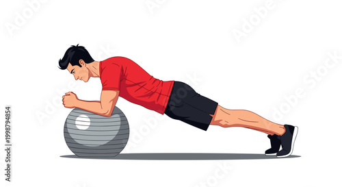 Athletic man performing plank exercise with stability ball on forearms focusing on core strength and fitness white