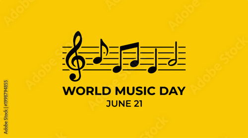World Music Day celebration banner with musical notes and staff on yellow background.
