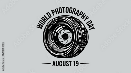 World Photography Day badge with a camera lens illustration.