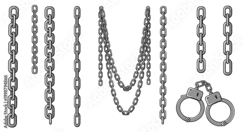 Collection of hand drawn style metal chains and handcuffs vector elements for freedom restriction or security concepts