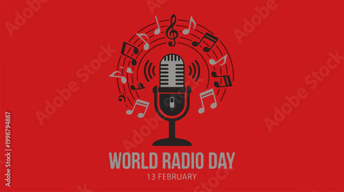 World Radio Day celebration poster with vintage microphone and musical notes on red background.