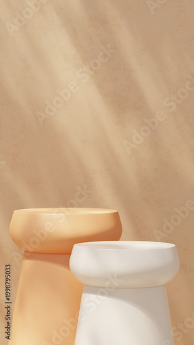 3D render studio setup showing two cosmetic product mockup podiums with warm lighting and soft shadows. Minimal background with copy space suitable for skincare branding, ecommerce banners and beauty