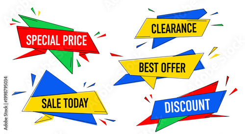 Collection of vibrant sale promotion banners featuring 'special price' 'clearance' 'best offer' and 'discount' text