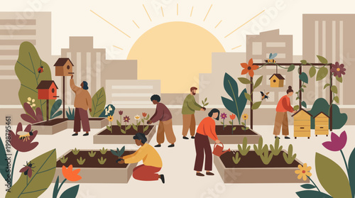 Sustainable Community Garden in Urban City Setting Illustration