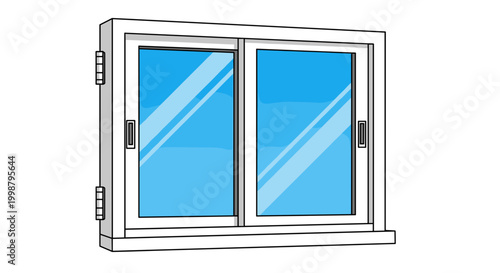 Modern white sliding window with two blue glass panes reflecting diagonal light clean architectural element for home