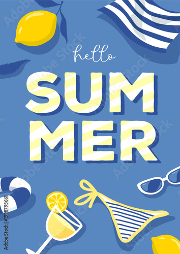 Italy summer poster, banner or cover with lemonade, lemons, swim ring, cocktail, bikini and sunglasses. Vector illustration