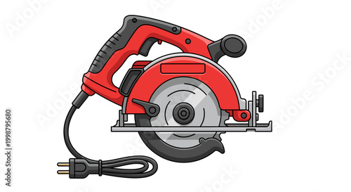 Powerful red electric circular saw with a sharp metal blade cord and plug isolated on a clean white background