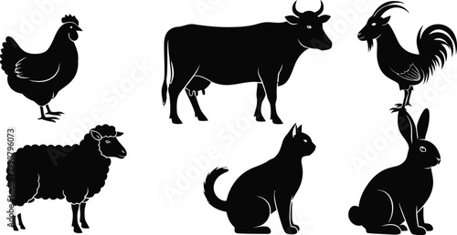 Farm animal silhouettes cow rooster sheep goat cat rabbit and hen