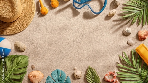 Summer beach accessories on sandy background with tropical leaves and seashells