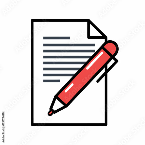Document with text and red pen icon, flat design
