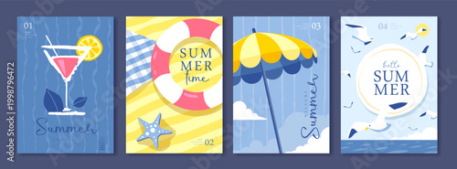 Set of summer Italian posters or covers with cocktail silhouette, beach umbrella, seagull and swim ring on the beach. Vector illustration