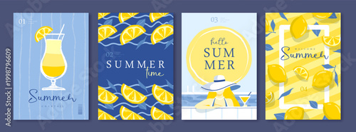 Set of summer Italian posters or covers with cocktail silhouette, lemons, swimming pool and woman on the beach. Vector illustration