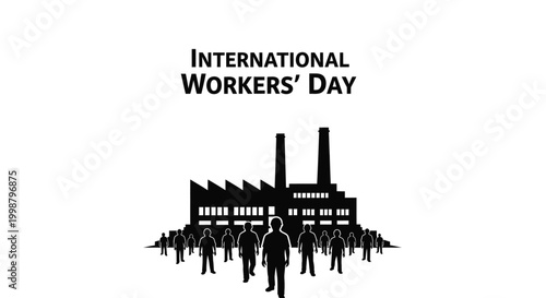 Vector illustration celebrating international workers day with a silhouette of a factory and crowd