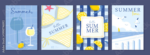 Set of summer Italian posters or covers with bikini, cocktail, seagulls, lemonade, lemons, tablecloth and beach landscape. Vector illustration