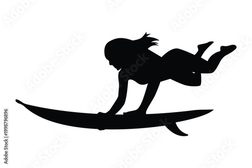 Female surfer in action pose riding surfboard. Dynamic ocean sport silhouette vector illustration.