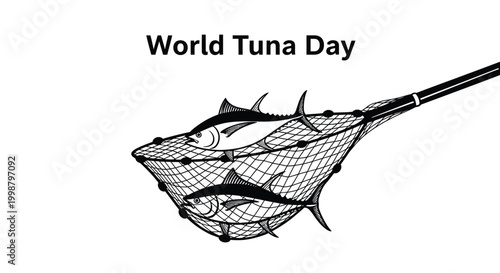 World Tuna Day vector illustration showing two tuna fish caught in a fishing net design.