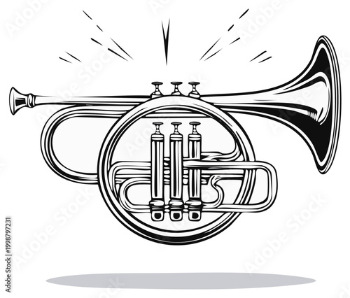 Illustration of a brass French horn with dynamic lines