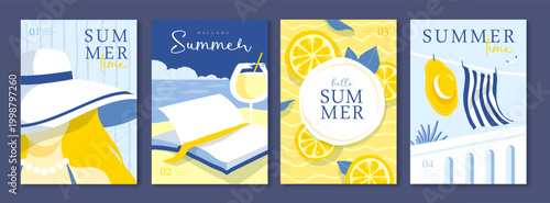 Set of summer Italian posters or covers with woman silhouette, cocktail, open book, lemonade, lemons, drying clothes and beach landscape. Vector illustration