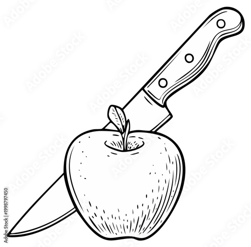 Hand Drawn Black and White Illustration of an Apple with a Knife Through It