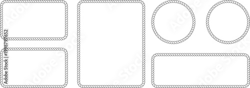 Set of rope frames, nautical border collection, vector illustration of twisted cord frames in rectangular and circular shapes, marine style design elements