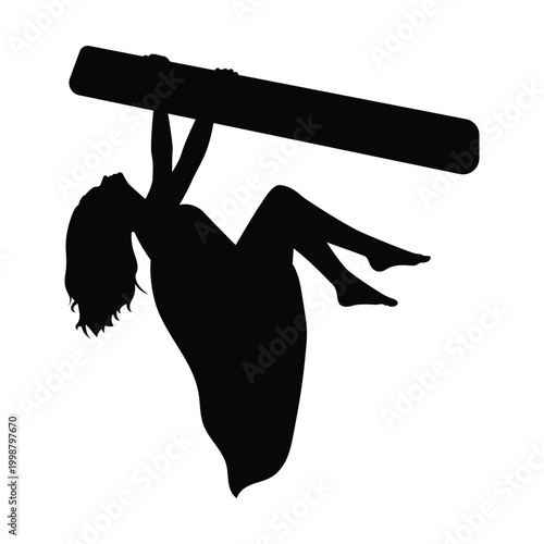 Female aerial gymnastics silhouette in upside down pose. Dynamic acrobatic vector illustration.