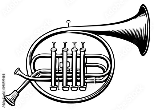 Illustration of a brass French horn musical instrument with a white background