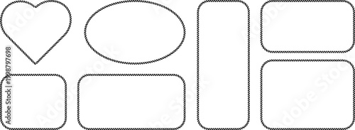 Set of rope frames, vector illustration of nautical cord borders in various shapes including heart, oval, and rectangles