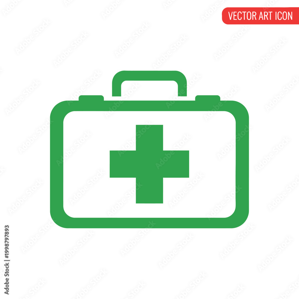 Fototapeta premium Green first aid kit icon with cross symbol, medical emergency bag illustration