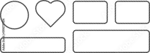 Set of rope frames, nautical border elements, twisted cord circular, heart and rectangular shapes, vector illustration