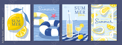 Set of summer Italian posters or covers with swim rings, cocktail, oysters, lemonade, lemons, tablecloth and beach landscape. Vector illustration