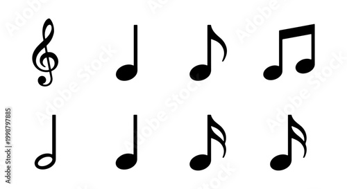 Tableau sur toile Set of Musical Note and Treble Clef Silhouette Icons - Music Notation Vector Ill