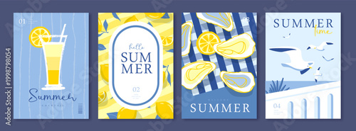 Set of summer Italian posters or covers with oysters, cocktail, lemonade, lemons, seagulls and beach landscape. Vector illustration