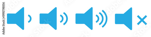 Blue icons of different speaker volume levels and a mute symbol on a white background for audio settings and sound control