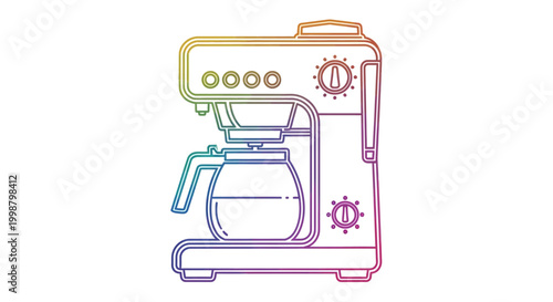 Retro coffee maker with rainbow gradient, line art illustration, vintage appliance
