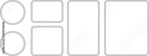 Set of rope frames, nautical border elements, circular and rectangular shapes, vector illustration