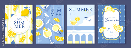 Set of summer Italian posters or covers with oysters, cocktails,  lemonade, lemons, seagulls and beach landscape. Vector illustration