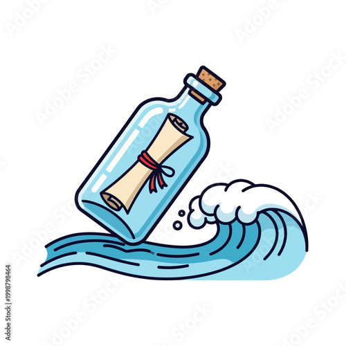 Message in a Bottle Floating on Ocean Wave, Communication Concept Illustration