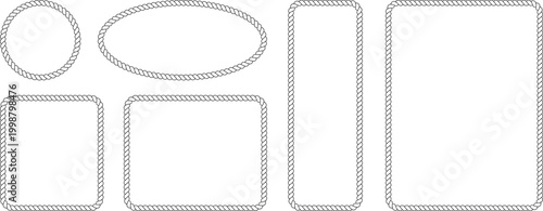 Set of nautical rope frames and borders in various shapes including circle, oval, square, and rectangles vector line art illustration for maritime design elements