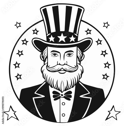 Illustrated American Patriot in Top Hat and Suit with Stars and Stripes Motif