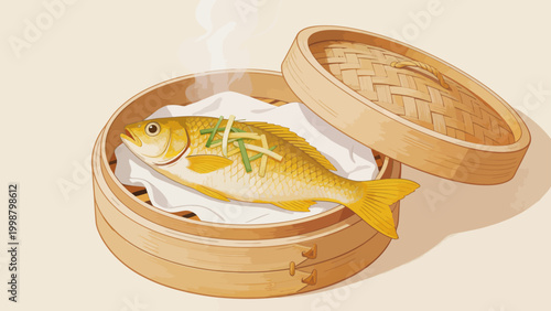 Steamed fish in bamboo steamer