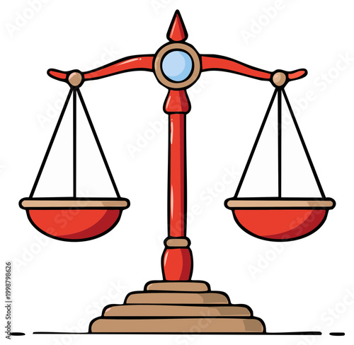 Red and gold antique balance scale symbol of justice and fairness, clean lines drawing