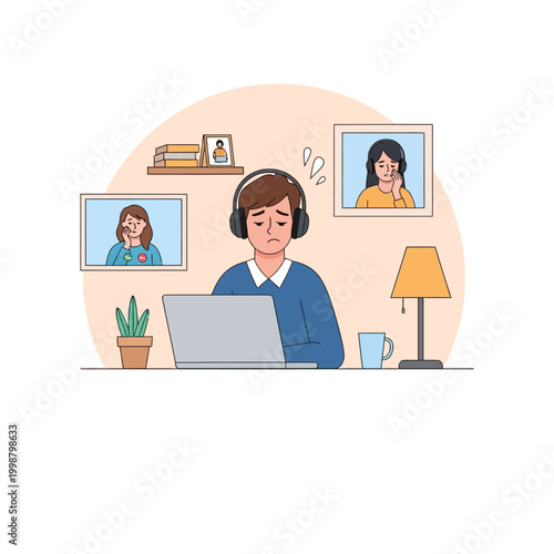 Man working from home with video calls, feeling stressed and overwhelmed.