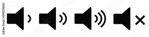 Black vector icons of various sound speakers and mute symbols on a white background for audio settings and volume control