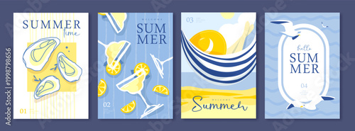 Set of summer Italian posters or covers with oysters, cocktails, girl in hammock, lemonade, lemons, seagulls and beach landscape. Vector illustration