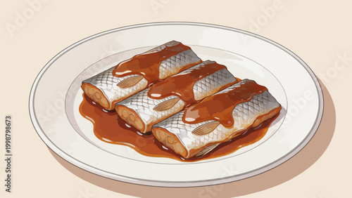 Fish rolls with sauce on plate