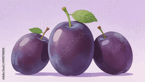 Three purple plums with green leaves