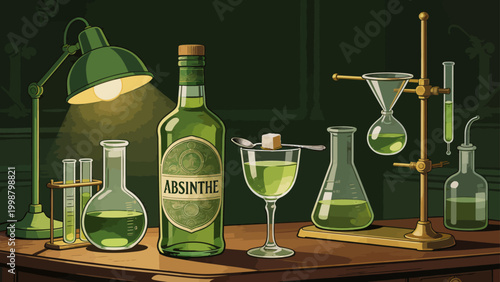 Absinthe bottle and glass with lab equipment