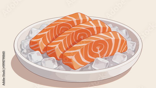 Salmon slices on ice in bowl